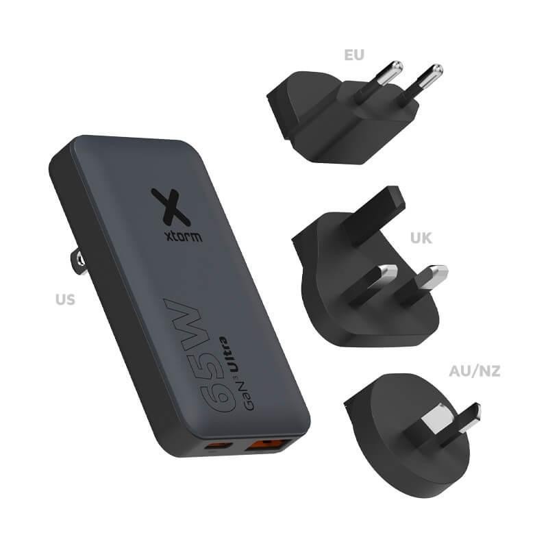 Xtorm Fast Travel : chargeur 65 W, prises EU/UK/AU-NZ, câble et trousse